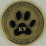 K9 Handler Working Dog DoD Search and Defend Challenge Coin